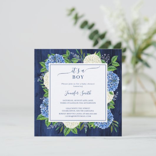 Rustic Blue Hydrangea Het is een Baby shower van e Kaart (Staand voorkant)