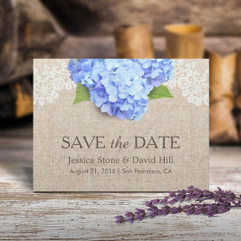 Rustic Blue Hydrangea Lace & Burlap Save the Date Aankondigingskaart