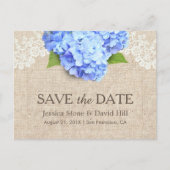 Rustic Blue Hydrangea Lace & Burlap Save the Date Aankondigingskaart (Voorkant)