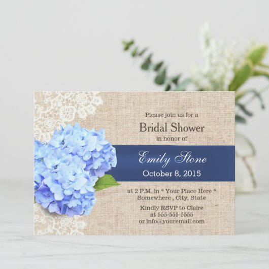 Rustic Blue Hydrangea Lace & Burlap Vrijgezellenfe Kaart (Staand voorkant)