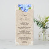 Rustic Blue Hydrangea Lace & Burlap Wedding Menu (Staand voorkant)