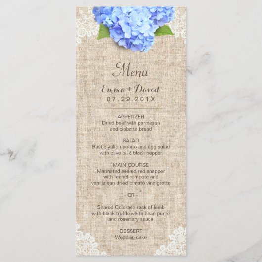 Rustic Blue Hydrangea Lace & Burlap Wedding Menu (Voorkant)