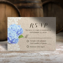 Rustic Blue Hydrangea Lace & Burlap Wedding RSVP Kaartje