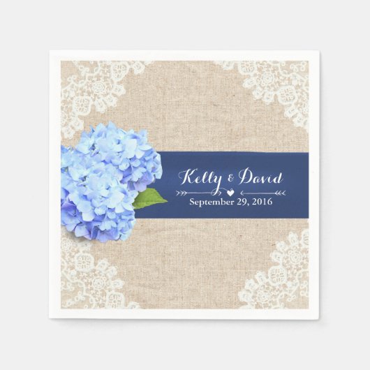 Rustic Blue Hydrangea Lace & Burlap Wedding Servetten (Voorkant)