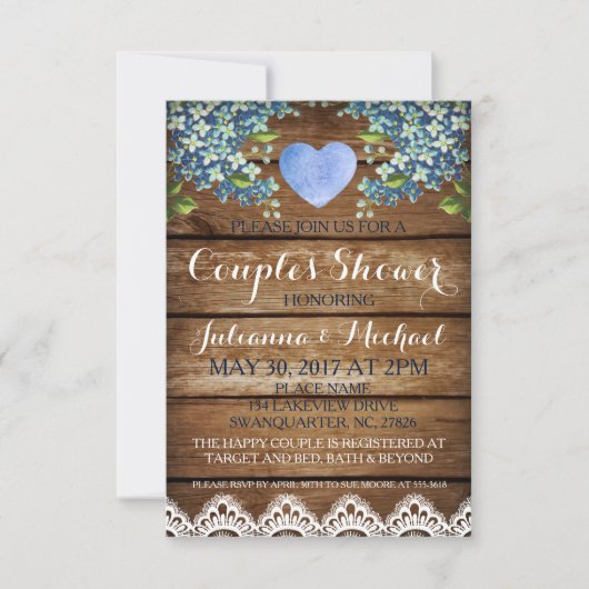 Rustic Blue Hydrangea & Lace Couple's Shower Card Kaart (Voorkant)