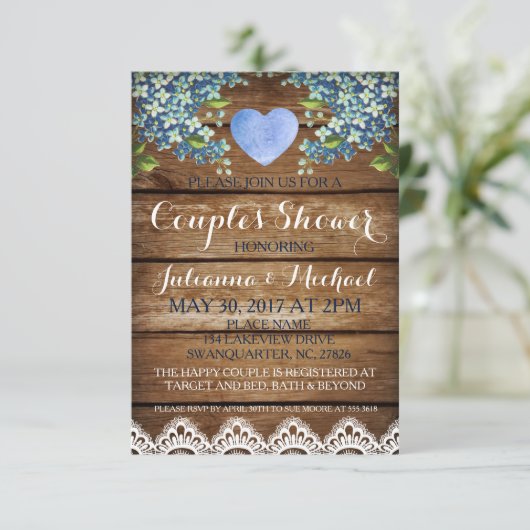 Rustic Blue Hydrangea & Lace Couple's Shower Card Kaart (Staand voorkant)