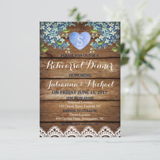 Rustic Blue Hydrangea & Lace Rehearsal Dinner Card Kaart (Staand voorkant)