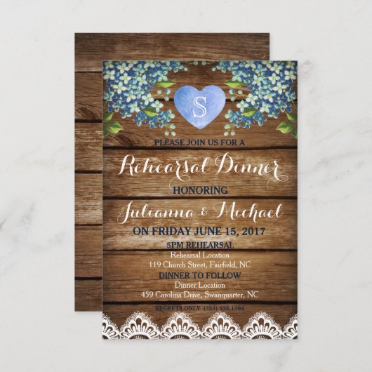 Rustic Blue Hydrangea & Lace Rehearsal Dinner Card Kaart (Voorkant / Achterkant)