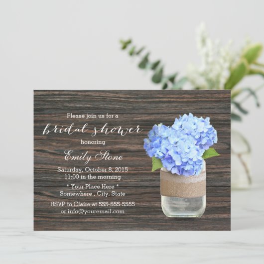 Rustic Blue Hydrangea Mason Jar Vrijgezellenfeest Kaart (Staand voorkant)