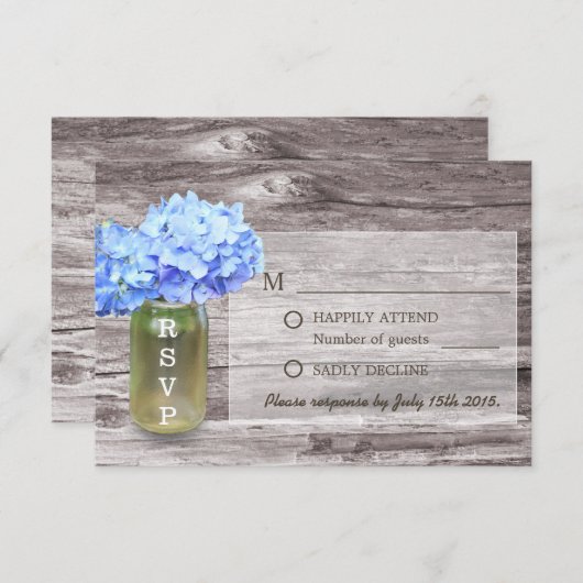 Rustic Blue Hydrangea Mason Jar Wedding RSVP (Voorkant / Achterkant)