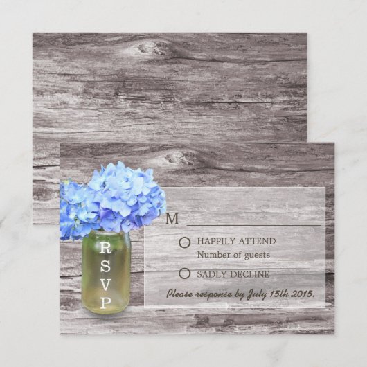 Rustic Blue Hydrangea Mason Jar Wedding RSVP Kaartje (Voorkant / Achterkant)