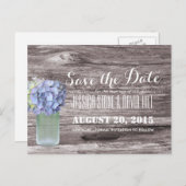 Rustic Blue Hydrangea Mason Jar Wood Save the Date Aankondigingskaart (Voorkant / Achterkant)
