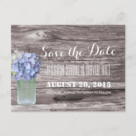 Rustic Blue Hydrangea Mason Jar Wood Save the Date Aankondigingskaart (Voorkant)