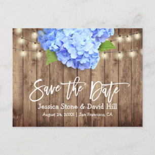 Rustic Blue Hydrangea String Lights Save the Date Aankondigingskaart