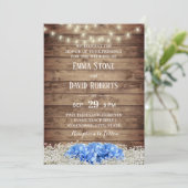 Rustic Blue Hydrangea & String Lights Wedding Kaart (Staand voorkant)
