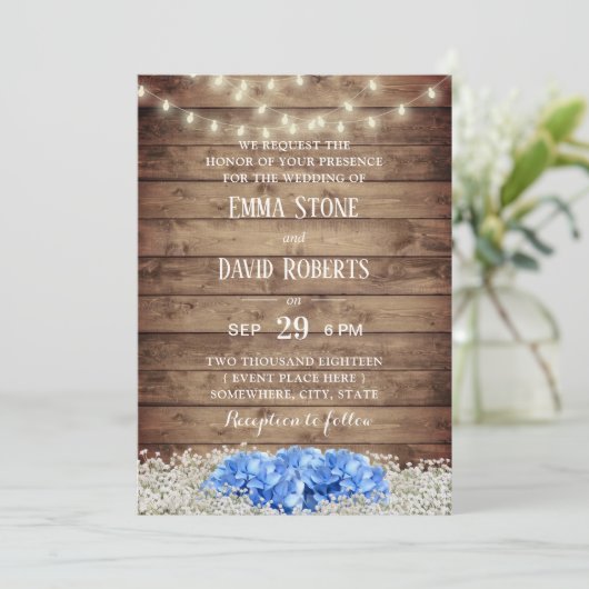Rustic Blue Hydrangea & String Lights Wedding Kaart (Staand voorkant)