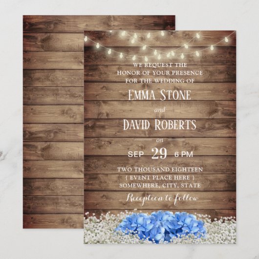 Rustic Blue Hydrangea & String Lights Wedding Kaart (Voorkant / Achterkant)