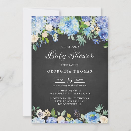 Rustic Blue Hydrangeas Chalkboard Baby shower Kaart (Voorkant)