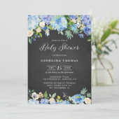 Rustic Blue Hydrangeas Chalkboard Baby shower Kaart (Staand voorkant)