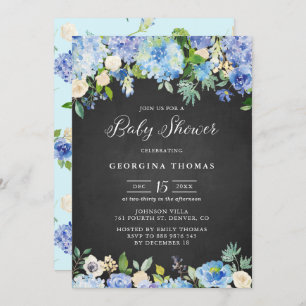 Rustic Blue Hydrangeas Chalkboard Baby shower Kaart