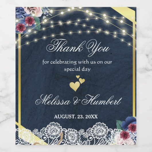 Rustic Blue Lace String Lights Hartelijk dank voor Wijn Etiket (Enkel label)