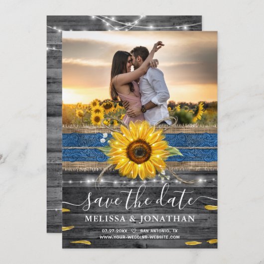 Rustic Blue Lace Sunflower Weddenfoto Save The Date (Voorkant / Achterkant)