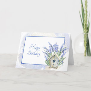 Rustic Blue Lavender Birdhouse Floral Birthday Kaart