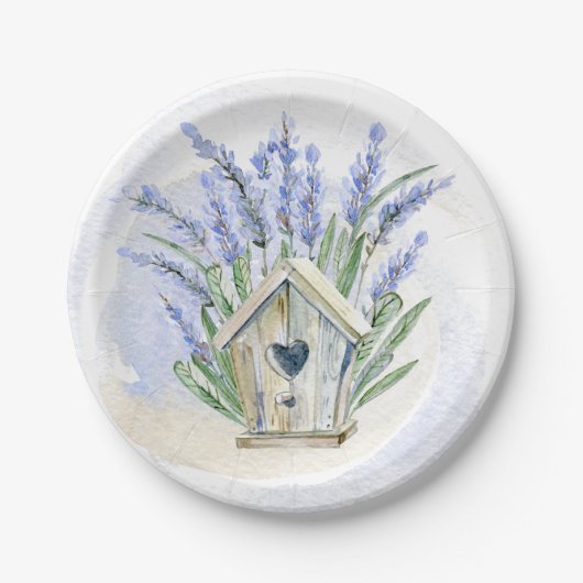 Rustic Blue Lavender Birdhouse Floral Papieren Bordje (Voorkant)