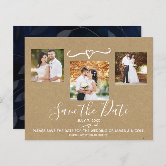Rustic Blue Leaves Wedding Photo Save the Date (Voorkant / Achterkant)