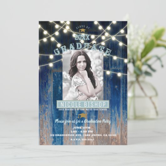 Rustic Blue Lights Modern Photo Graduparty Kaart (Staand voorkant)