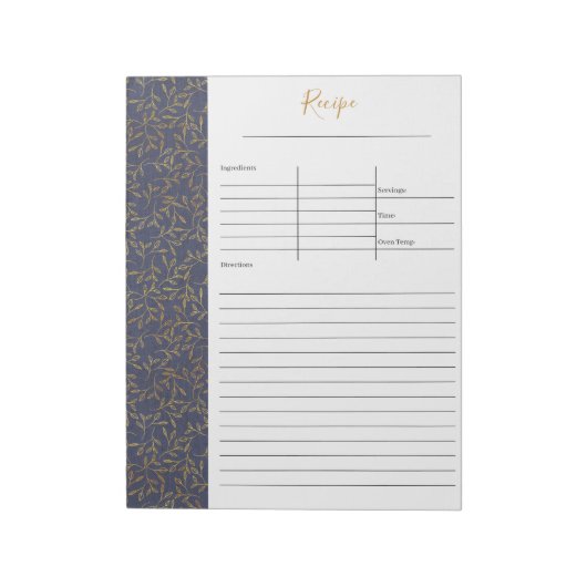 Rustic Blue Linen Gold Leaf Blank Recipe Notitieblok (Linkerzijde)