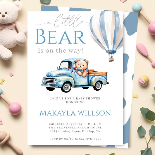 Rustic Blue Little Teddy Bear Truck Baby shower Kaart