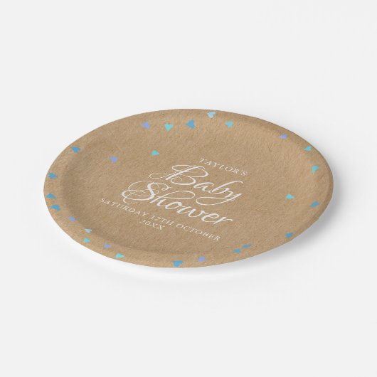 Rustic Blue Love Hearts Baby Jongens Shower / Spri Papieren Bordje (Gekanteld)