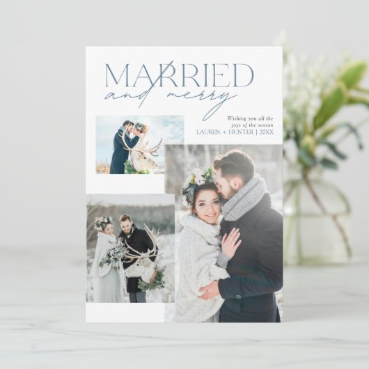 Rustic Blue Married & Merry Pas getrouwd Fotocolla Feestdagenkaart (Staand voorkant)