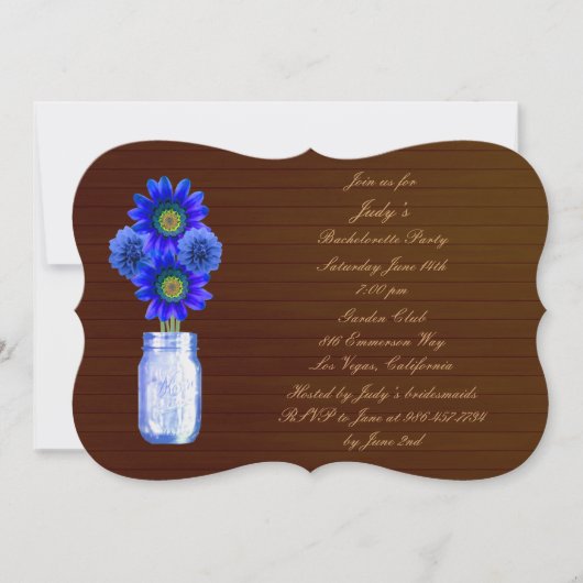 Rustic Blue Mason Jar Bachelorette Party Invite Kaart (Voorkant)