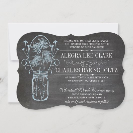 Rustic Blue Mason Jar Chalkboard Wedding Kaart (Voorkant)