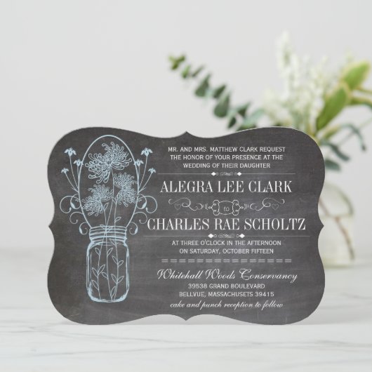 Rustic Blue Mason Jar Chalkboard Wedding Kaart (Staand voorkant)