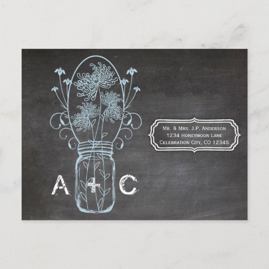 Rustic Blue Mason Jar Chalkboard Wedding Uitnodiging Briefkaart (Achterkant)