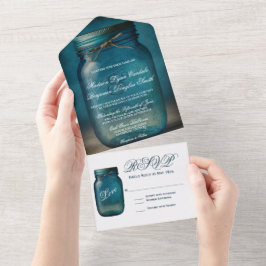 Rustic Blue Mason Jar country Wedding All In One Uitnodiging