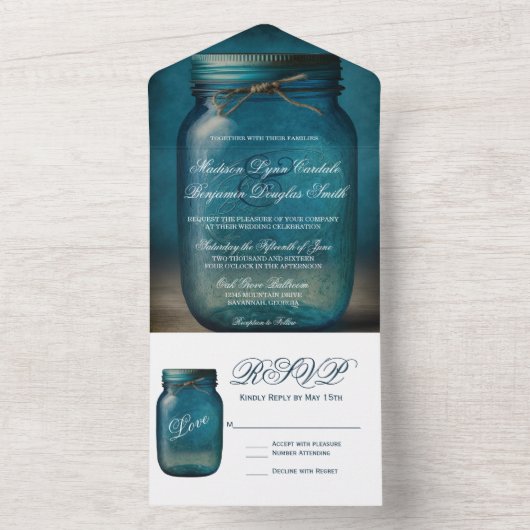 Rustic Blue Mason Jar country Wedding All In One Uitnodiging (Binnen)