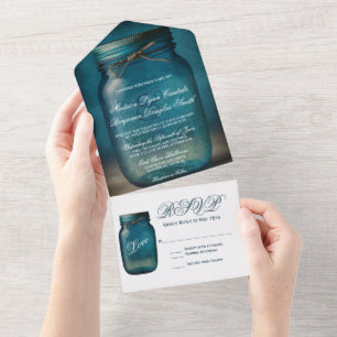 Rustic Blue Mason Jar country Wedding All In One Uitnodiging