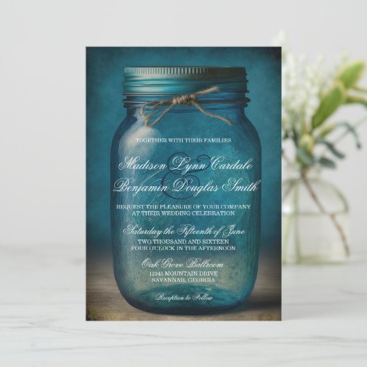 Rustic Blue Mason Jar country Wedding Kaart (Staand voorkant)