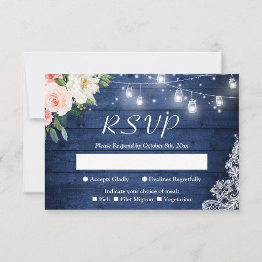 Rustic Blue Mason Jar Lights Blush Floral Wedding RSVP Kaartje (Voorkant)