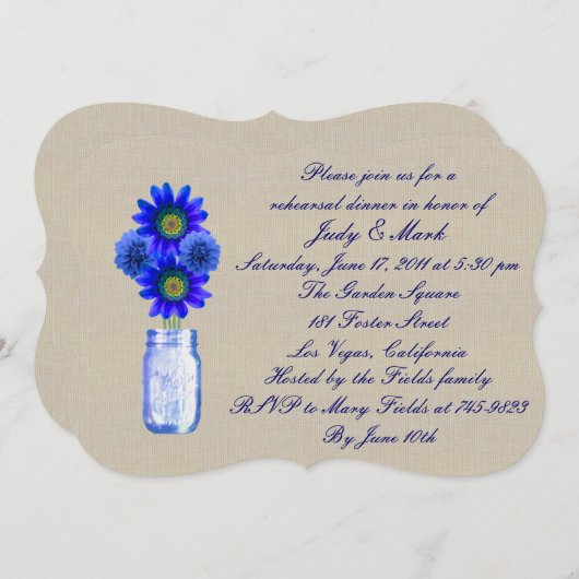 Rustic Blue Mason Jar Rehearsal Dinner Invitation Kaart (Voorkant / Achterkant)