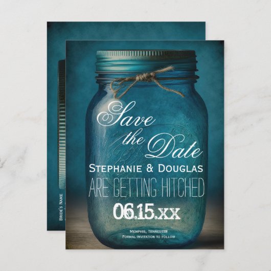 Rustic Blue Mason Jar Save the Date Wedding Aankondigingskaart (Voorkant / Achterkant)
