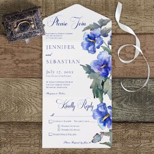 Rustic Blue Morning Glory Floral Dinner All In One Uitnodiging
