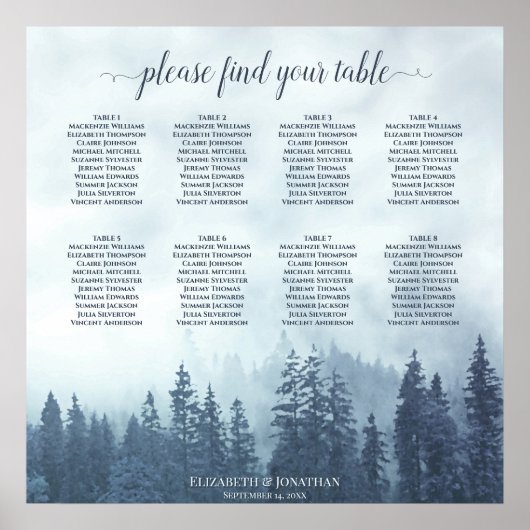 Rustic Blue Mountain Pines 8 Table Seating Chart Poster (Voorkant)