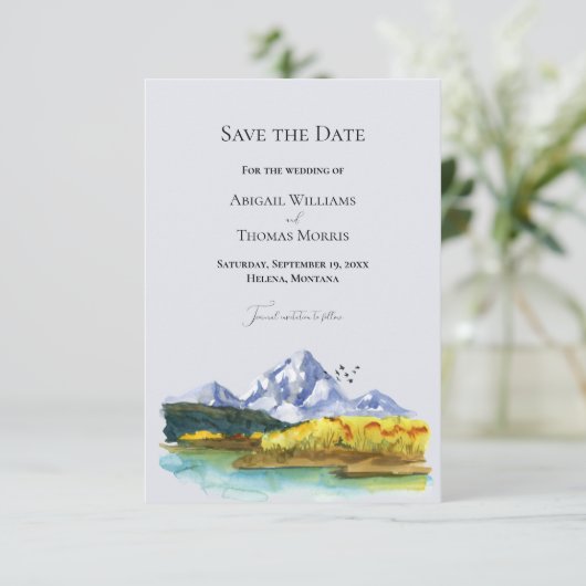 Rustic Blue Mountain Wedding Save The Date Kaart (Staand voorkant)
