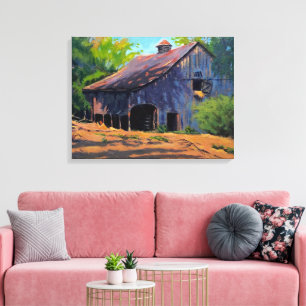 Rustic Blue Oranje Green Missouri Barn Painting Canvas Afdruk