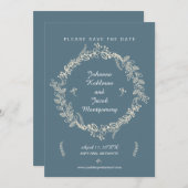 Rustic Blue Outlining Floral Wreats Save the Date (Voorkant / Achterkant)